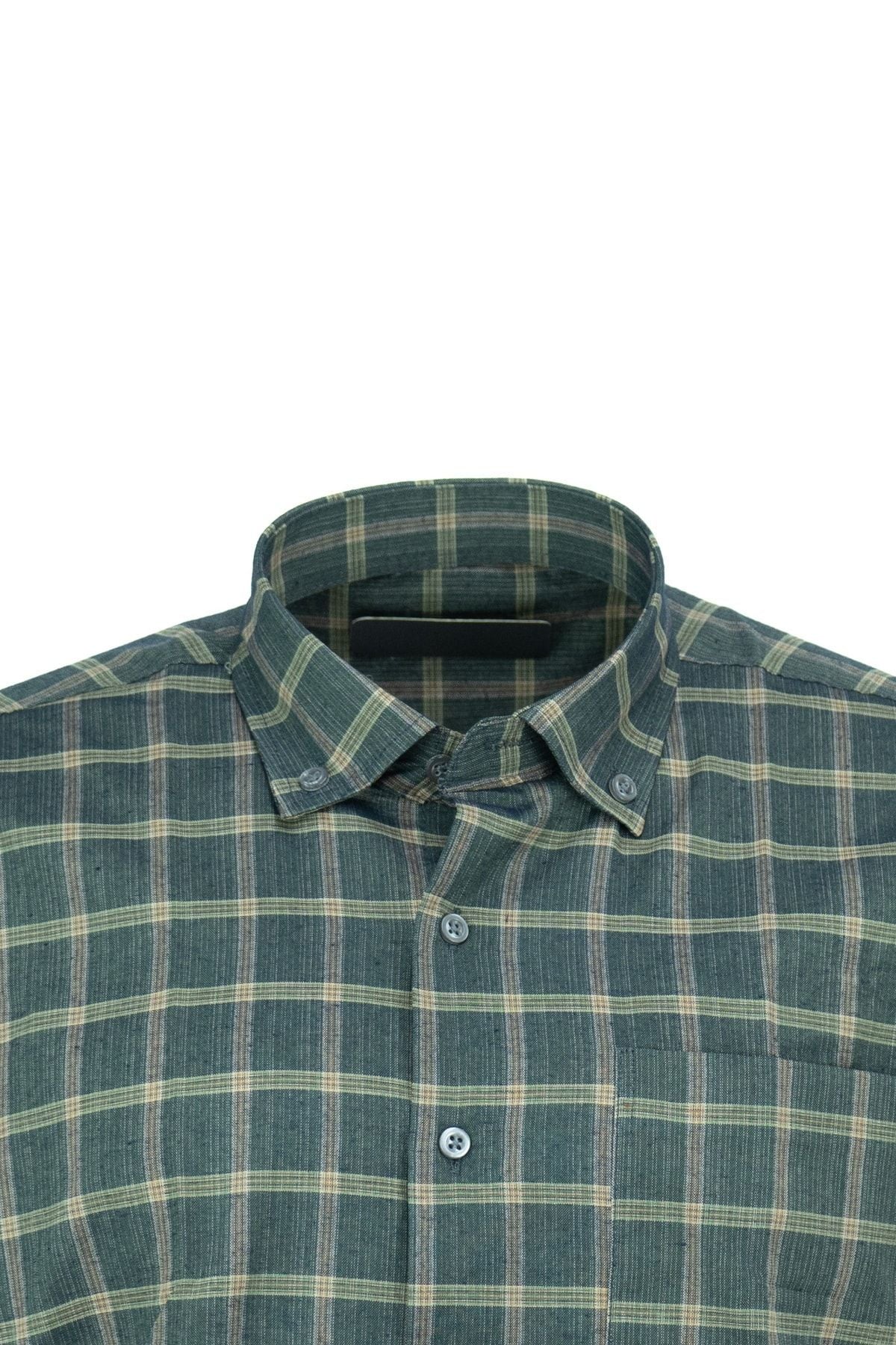 Erkek Kare Desenli Uzun Kol Tam Kalıp Rahat Kesim Cepli Yakası Düğmeli Pamuklu Klasik Gömlek